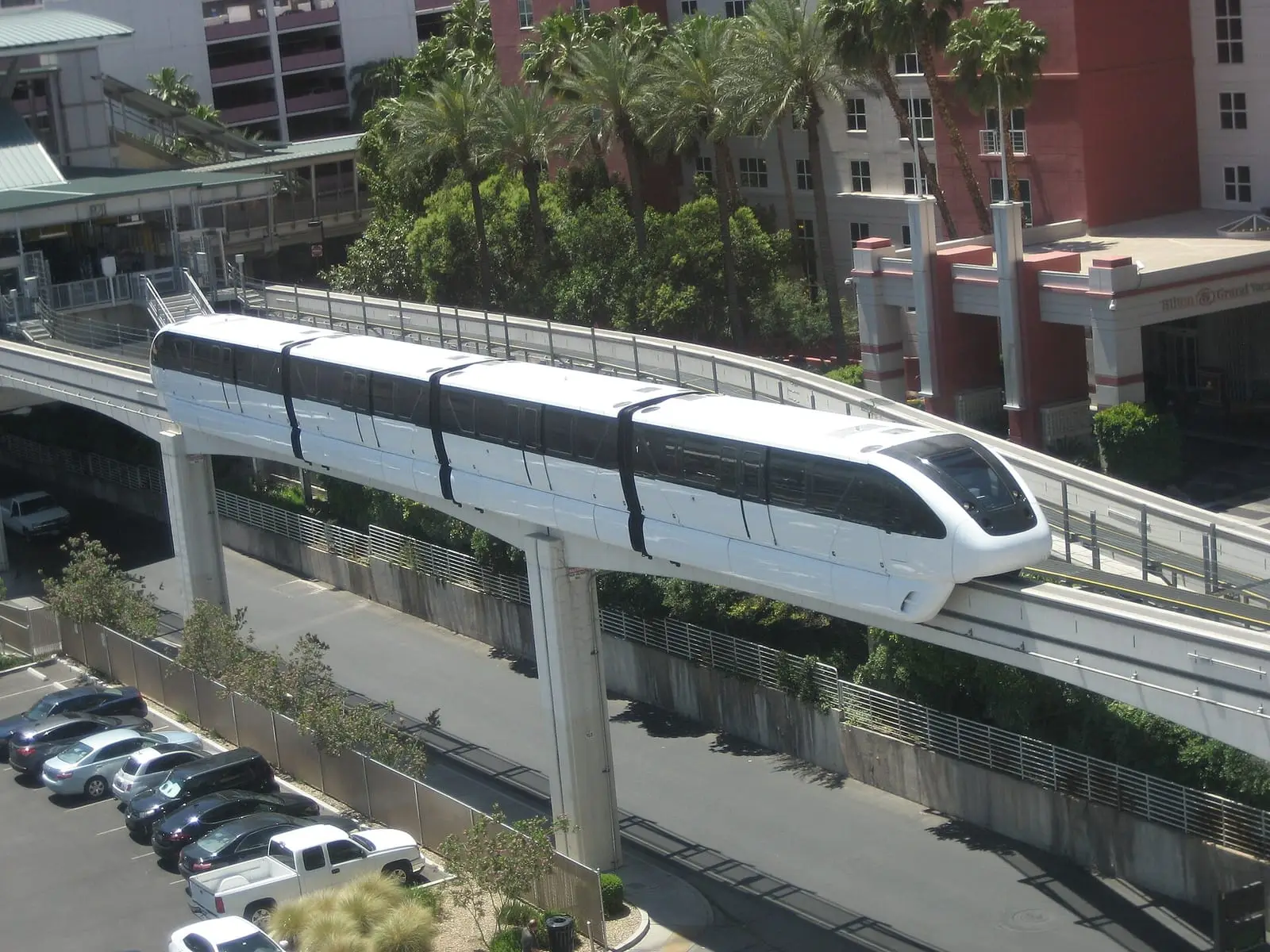 A Las Vegas Monorail train on its elevated guideway