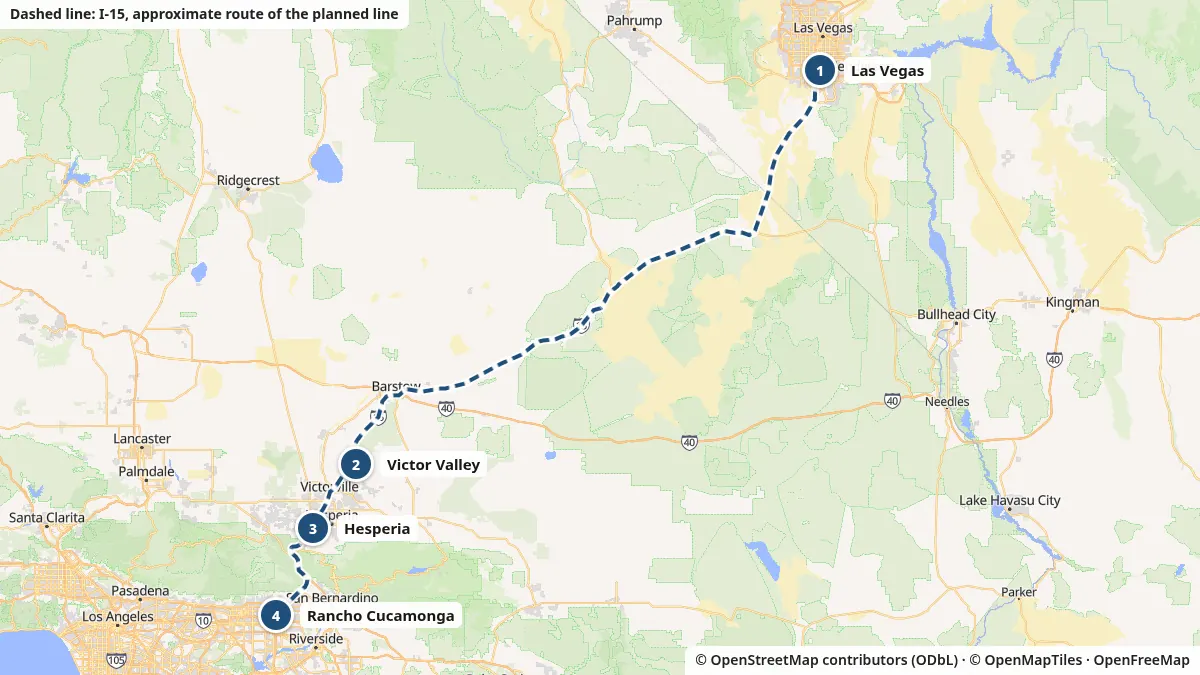 Map of Southern California and southern Nevada with a dashed line along Interstate 15 from Rancho Cucamonga through Hesperia, Victorville and Barstow to Las Vegas, and numbered pins for the four planned Brightline West stations: Las Vegas, Victor Valley, Hesperia and Rancho Cucamonga. The line is approximate.